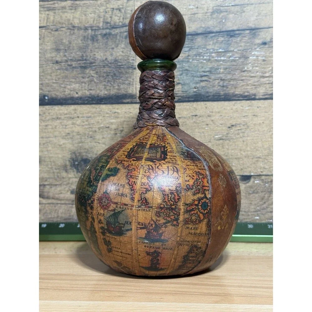Vintage Italian Leather Wrapped Decanter Old World Map Globe Italy Dragon Ships